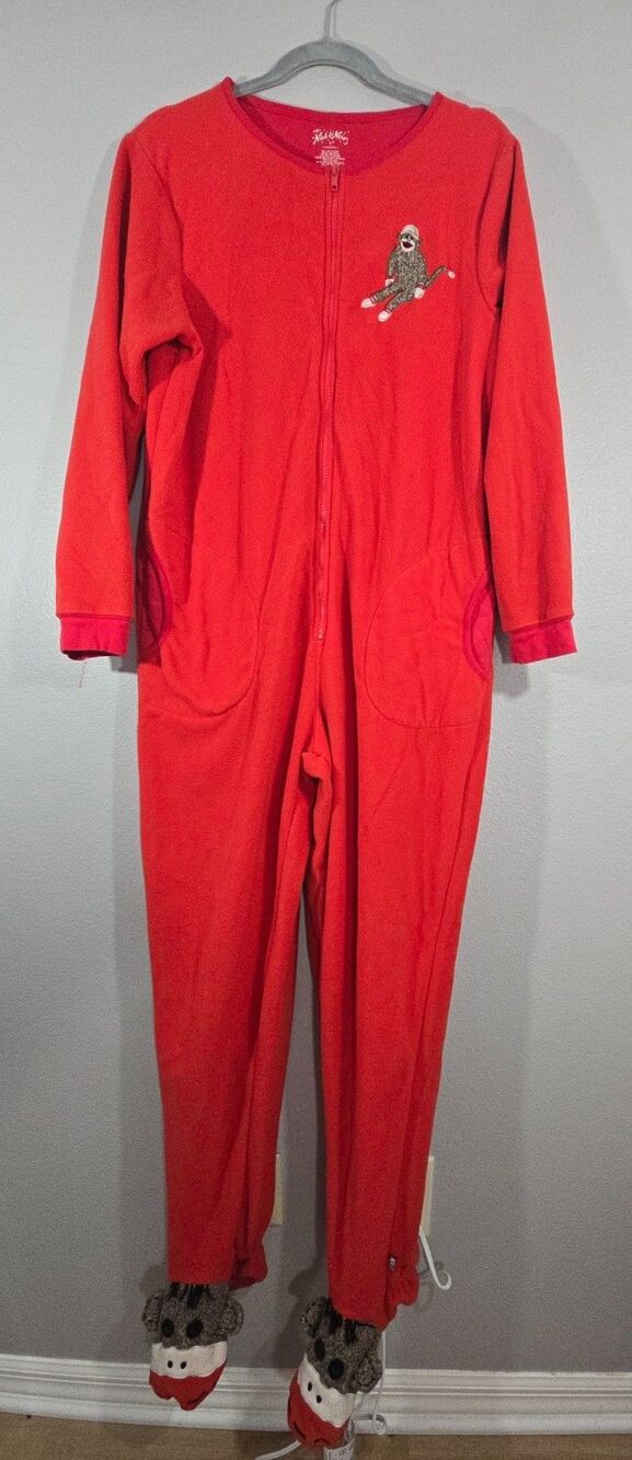 Nick & Nora Red Sock Monkey Footed One Piece Pajamas Size M Adult Zip Front AA